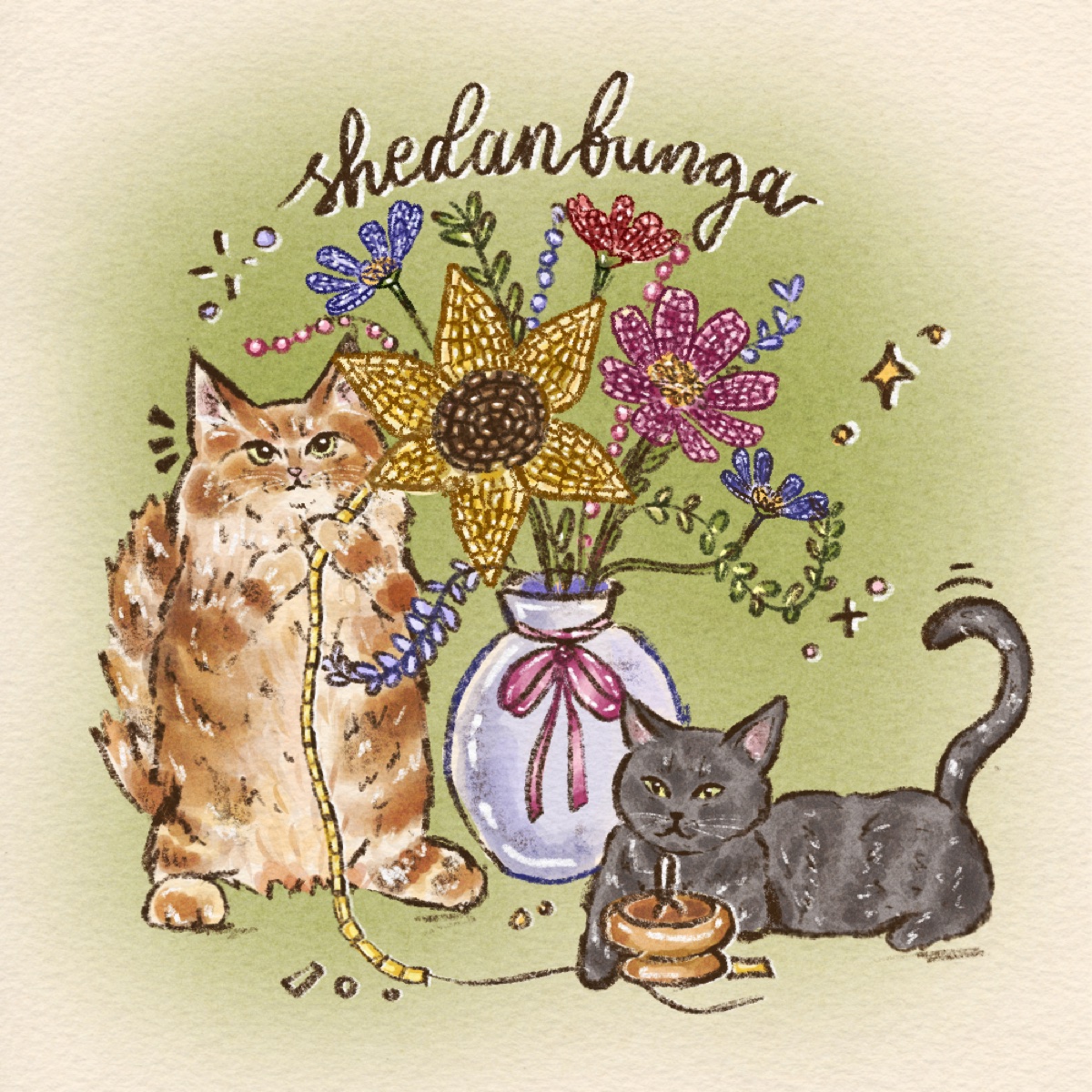 shedanbunga studio furkids with a vase of beaded flowers