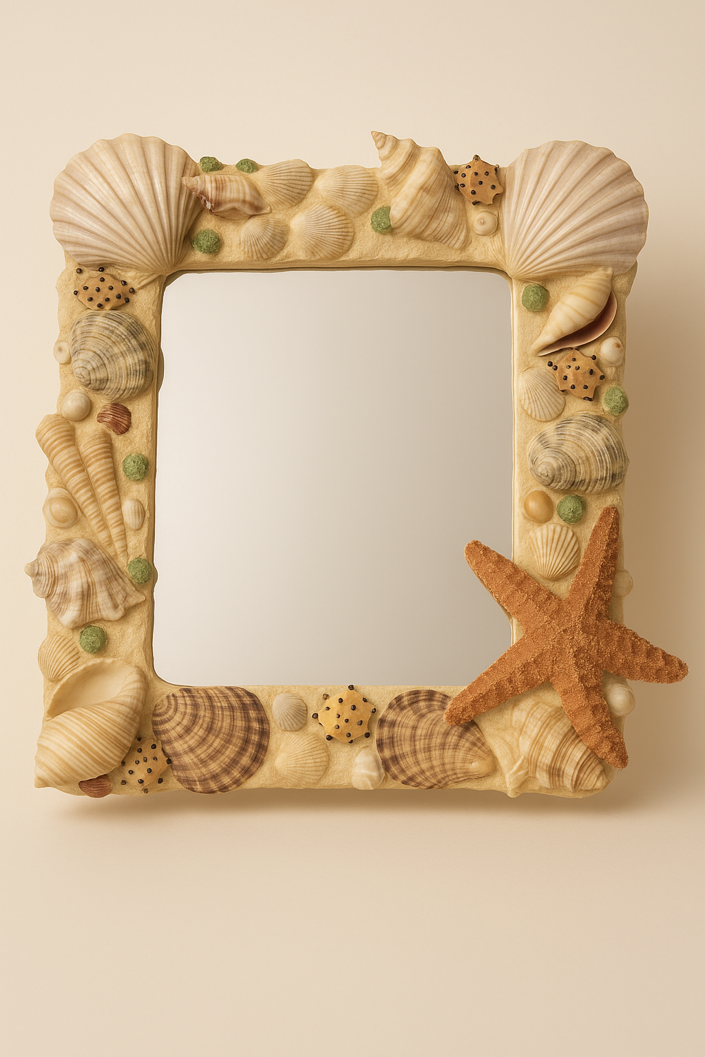 Handmade seashell-framed mirror